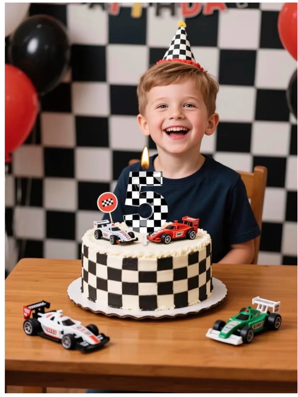 Racing Cars Themed Birthday Candle Number 5 Checkered 5, Black+White